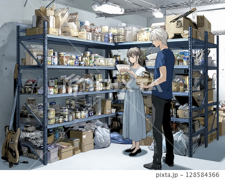 非常食を備蓄する夫婦のイラスト素材 非常食を備蓄する夫婦のイラスト素材 128584366