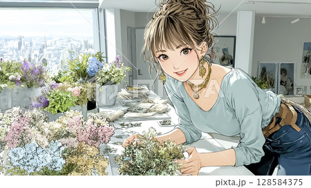 フラワーショップでブーケを作る女性店員のイラスト素材 128584375