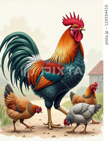 A beautiful illustration of a magnificent rooster and three hens foraging on a farm path. The soft-focus barn in the background adds to the charming, rustic atmosphere of this digital painting. A beautiful illustration of a magnificent rooster and three hens foraging on a farm path. The soft-focus barn in the background adds to the charming, rustic atmosphere of this digital painting. 128584410