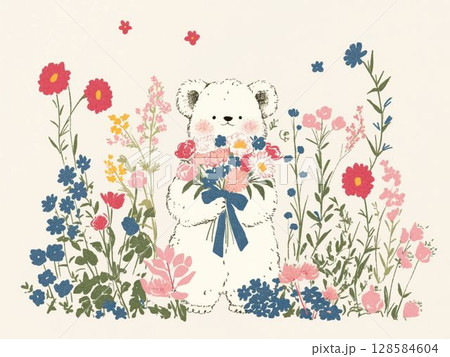 花束を大切に抱えるくまのイラスト 128584604