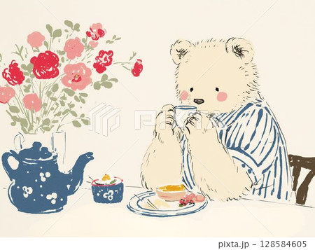 くまのティータイムとお花のある朝 128584605