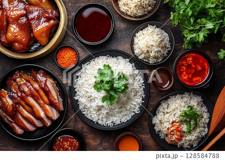 Savory Chinese Dining Experience With Fragrant Rice and Delectable Dishes. Generative AI 128584788