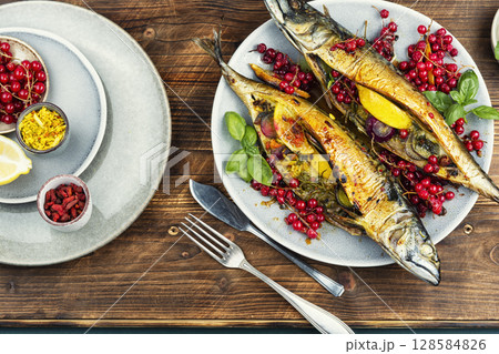 Oven baked mackerel. Oven baked mackerel. 128584826