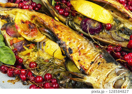 Grilled fish, mackerel, barbeque. 128584827
