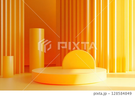 Vibrant Yellow-Orange Shapes Create an Enchanting Abstract Display in a Modern Space. Generative AI 128584849