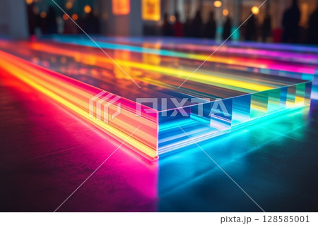 Colorful Reflections Dance on Transparent Surfaces in Vibrant Light Exhibition. Generative AI 128585001