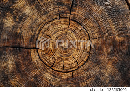 Intricate Patterns of Aged Wood Revealed in a Cross-Section of a Tree Trunk. Generative AI 128585003
