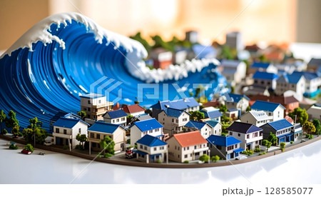 Miniature Town Tsunami Disaster Scale Model Miniature Town Tsunami Disaster Scale Model 128585077