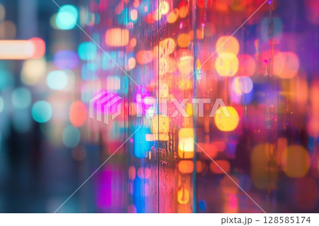 Vibrant Reflections of Urban Lights Dance Through a Blurred Background. Generative AI Vibrant Reflections of Urban Lights Dance Through a Blurred Background. Generative AI 128585174