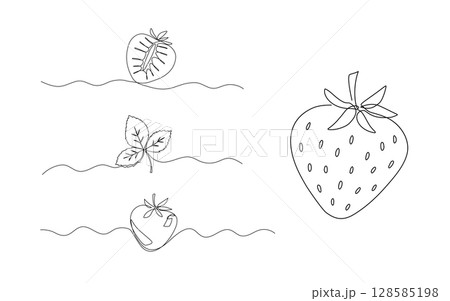 Strawberry one line illustrations set, continuous line isolated sketch, berry and leaves doodle 128585198