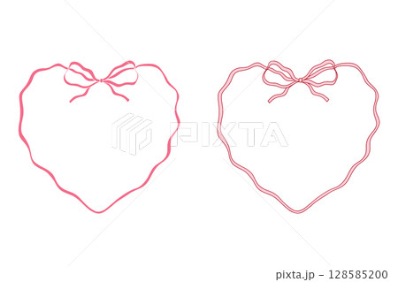 Valentine doodle frame with ribbon, bow, heart for wedding or holiday menu. Whimsical hand drawn border and pink decorative coquette line. 128585200