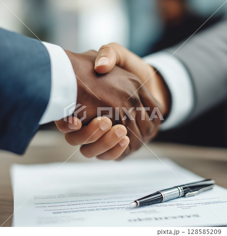 Business handshake agreement contract partnership success closeup professional office 128585209