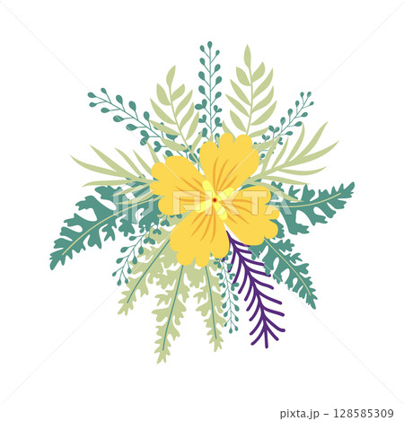 Wild and garden flowers, leaves. Modern vector botanical illustrations in trendy bright colors on white background. hand drawn floral design elements 128585309