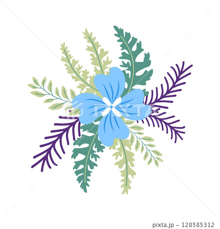 Wild and garden flowers, leaves. Modern vector botanical illustrations in trendy bright colors on white background. hand drawn floral design elements 128585312