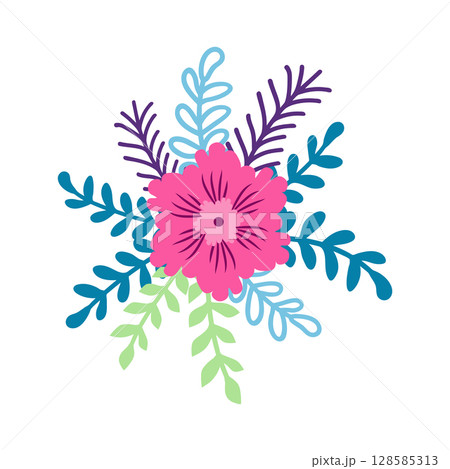 Wild and garden flowers, leaves. Modern vector botanical illustrations in trendy bright colors on white background. hand drawn floral design elements Wild and garden flowers, leaves. Modern vector botanical illustrations in trendy bright colors on white background. hand drawn floral design elements 128585313