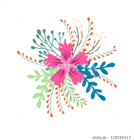 Wild and garden flowers, leaves. Modern vector botanical illustrations in trendy bright colors on white background. hand drawn floral design elements 128585317