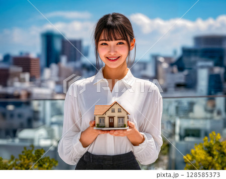 住宅模型を持つ女性【AI】 128585373