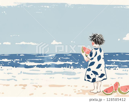 海辺でスイカを食べる子ども 128585412