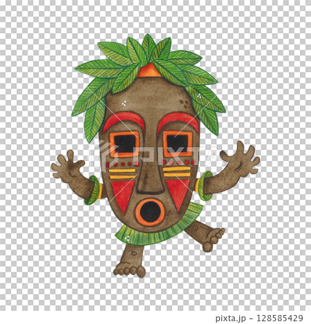 African aborigine with arms outstretched to the sides in a long colorful mask with green leaves. Watercolor illustration hand drawn, cartoon. Drawing for poster, stickers, print. Africa, mask, funny 128585429
