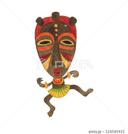 Dancing african aborigine in a straw skirt, necklace and colorful mask. Watercolor illustration hand drawn, cartoon. Drawing for poster, stickers, print. Africa, mask, funny, character 128585431
