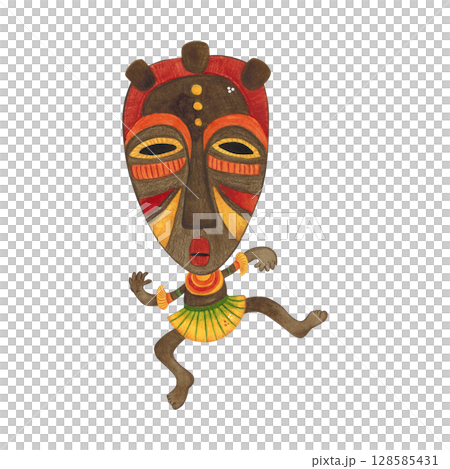 Dancing african aborigine in a straw skirt, necklace and colorful mask. Watercolor illustration hand drawn, cartoon. Drawing for poster, stickers, print. Africa, mask, funny, character 128585431