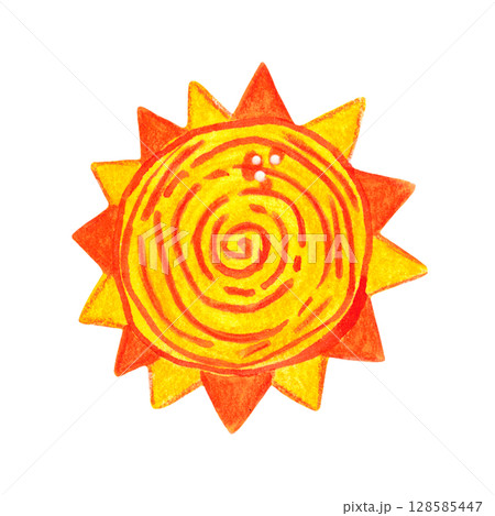 Sun, bright, cartoon. Watercolor illustration hand drawn. Drawing for postcards, stickers, print. Children, holiday, Maslenitsa, decoration, party, summer, fairy tale Sun, bright, cartoon. Watercolor illustration hand drawn. Drawing for postcards, stickers, print. Children, holiday, Maslenitsa, decoration, party, summer, fairy tale 128585447