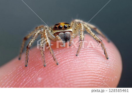 Spider Perched Delicately on Human Fingertip Showcasing Intricate Details. Generative AI 128585461