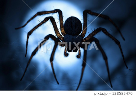 Silhouetted Spider Weaving Webs Under the Enchanting Moonlight Glow. Generative AI Silhouetted Spider Weaving Webs Under the Enchanting Moonlight Glow. Generative AI 128585470