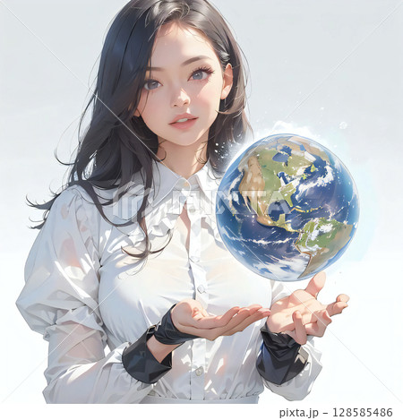 環境問題やSDGSをイメージして作成された女性のイラスト/笑顔で地球を包む 環境問題やSDGSをイメージして作成された女性のイラスト/笑顔で地球を包む 128585486