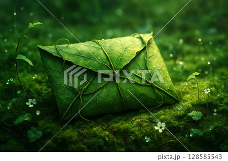 Envelope made of green leaves tied with natural vine string on forest moss with small flowers and water drops Envelope made of green leaves tied with natural vine string on forest moss with small flowers and water drops 128585543