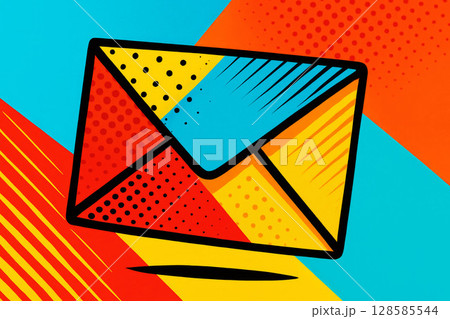 Pop art envelope illustration with halftone dots and comic lines on colorful abstract geometric background Pop art envelope illustration with halftone dots and comic lines on colorful abstract geometric background 128585544