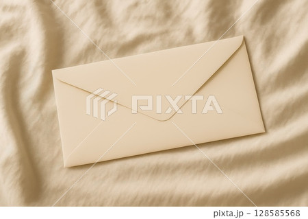 Beige envelope on soft fabric background. Elegant and simple stationery flat lay for mockup or design 128585568