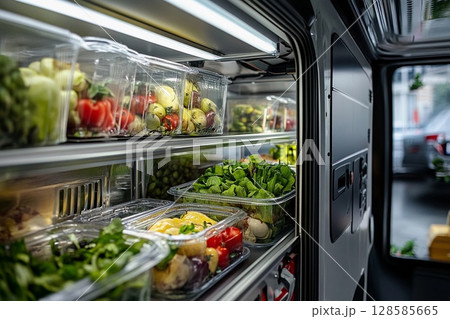 Fresh Produce Display Inside a Modern Refrigerated Storage Container on a Sunny Day. Generative AI 128585665