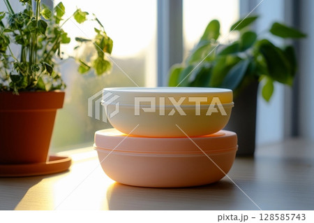 Silicone Containers in Warm Sunlight Beside Lush Green Plants. Generative AI Silicone Containers in Warm Sunlight Beside Lush Green Plants. Generative AI 128585743