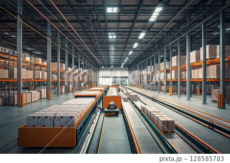 Modern Warehouse Interior Showcasing Efficient Logistics and Storage Solutions. Generative AI 128585783