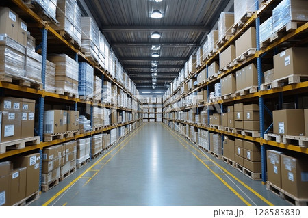 Well-organized Warehouse With Clearly Marked Aisles for Efficient Navigation. Generative AI 128585830
