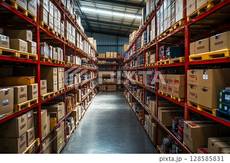 Neatly Organized Parts Warehouse Showcasing Efficient Storage Solutions. Generative AI 128585831