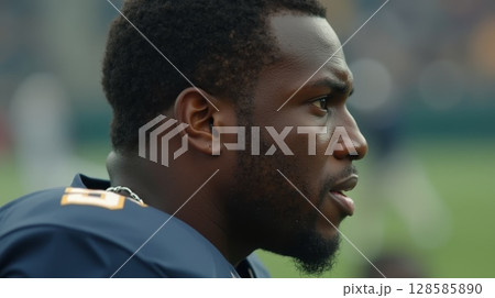 Close-up profile of focused American football player in uniform during game on outdoor stadium field Close-up profile of focused American football player in uniform during game on outdoor stadium field 128585890