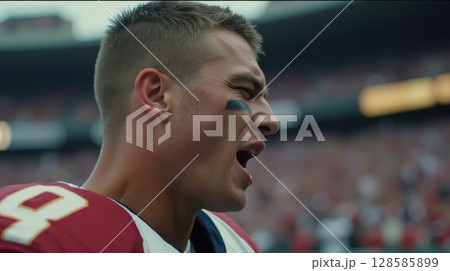 American football player shouting on field during game, emotional moment, close-up portrait in stadium American football player shouting on field during game, emotional moment, close-up portrait in stadium 128585899