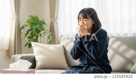 リビングのソファで辛そうに鼻をかむ女子高校生 128585920