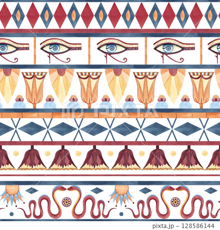 Egyptian seamless pattern. Ancient symbols ornament. Abstract lotus, snake, eye of Horus. Watercolor art illustration isolated from background. Culture concept for textile, packaging, souvenirs Egyptian seamless pattern. Ancient symbols ornament. Abstract lotus, snake, eye of Horus. Watercolor art illustration isolated from background. Culture concept for textile, packaging, souvenirs 128586144