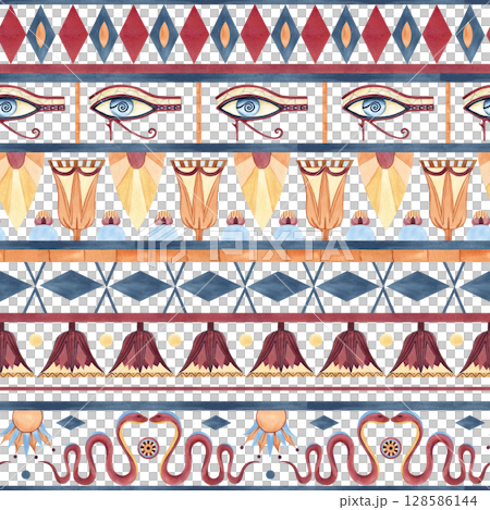 Egyptian seamless pattern. Ancient symbols ornament. Abstract lotus, snake, eye of Horus. Watercolor art illustration isolated from background. Culture concept for textile, packaging, souvenirs Egyptian seamless pattern. Ancient symbols ornament. Abstract lotus, snake, eye of Horus. Watercolor art illustration isolated from background. Culture concept for textile, packaging, souvenirs 128586144