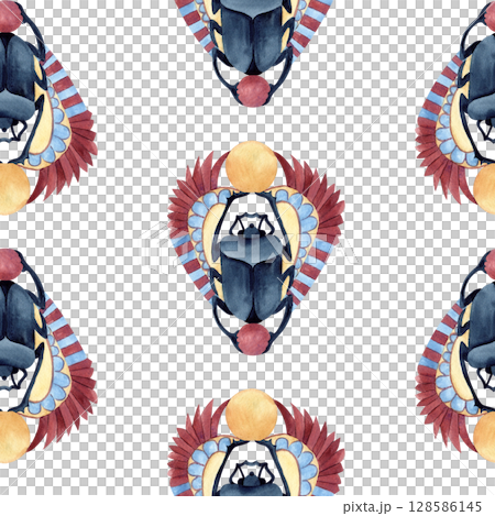 Scarab beetle seamless pattern. Egyptian symbol, religion icon. Ancient ornament. Watercolor illustration isolated from background. For textile, decorative items, souvenir products, packaging Scarab beetle seamless pattern. Egyptian symbol, religion icon. Ancient ornament. Watercolor illustration isolated from background. For textile, decorative items, souvenir products, packaging 128586145