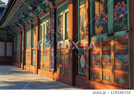 Vibrant Danchong Patterns Adorn Traditional Architecture at Sunset. Generative AI 128586150