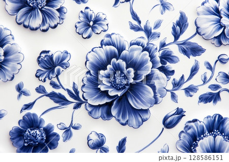 Intricate Cobalt Floral Patterns of Delft Ornament Bring Elegance to Everyday Life. Generative AI 128586151