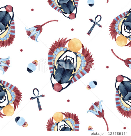 Scarab beetle seamless pattern with Egyptian ancient symbols. Ornament with lotus and Ankh.. Watercolor illustration isolated from background. For textile, decorative items, souvenirs, packaging 128586154