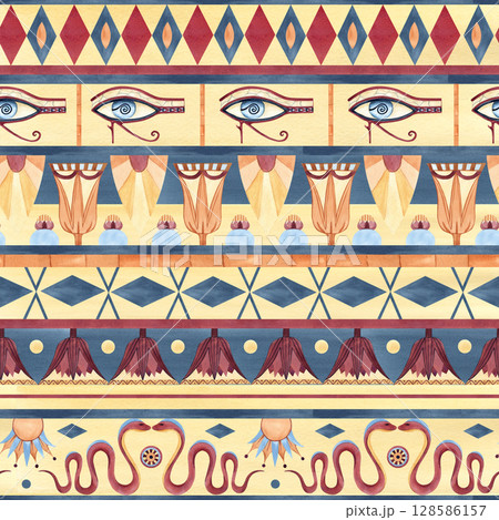 Ancient egyptian seamless pattern. Religion icon, symbols ornament. Abstract lotus, snake, eye of Horus. Watercolor illustration isolated on blue yellow background. For textile, packaging, souvenirs Ancient egyptian seamless pattern. Religion icon, symbols ornament. Abstract lotus, snake, eye of Horus. Watercolor illustration isolated on blue yellow background. For textile, packaging, souvenirs 128586157