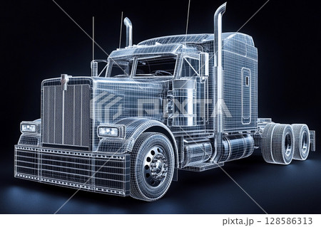 Digital Rendering of a Semi-Truck Showcasing Intricate Wireframe Design. Generative AI Digital Rendering of a Semi-Truck Showcasing Intricate Wireframe Design. Generative AI 128586313
