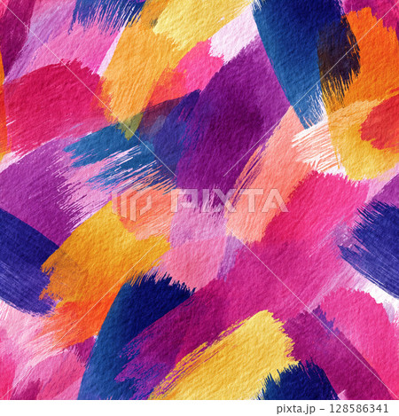 Vibrant Watercolor Strokes Seamless Pattern with Artistic Paper Texture 128586341