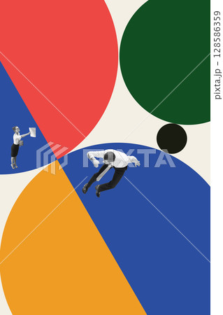 Collage of businessman falling into colorful radial chaos while woman presents report Collage of businessman falling into colorful radial chaos while woman presents report 128586359